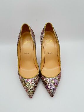 Christian Louboutin Pigalle Follies 100 Glitter Pumps Rosette Gold EU 36.5